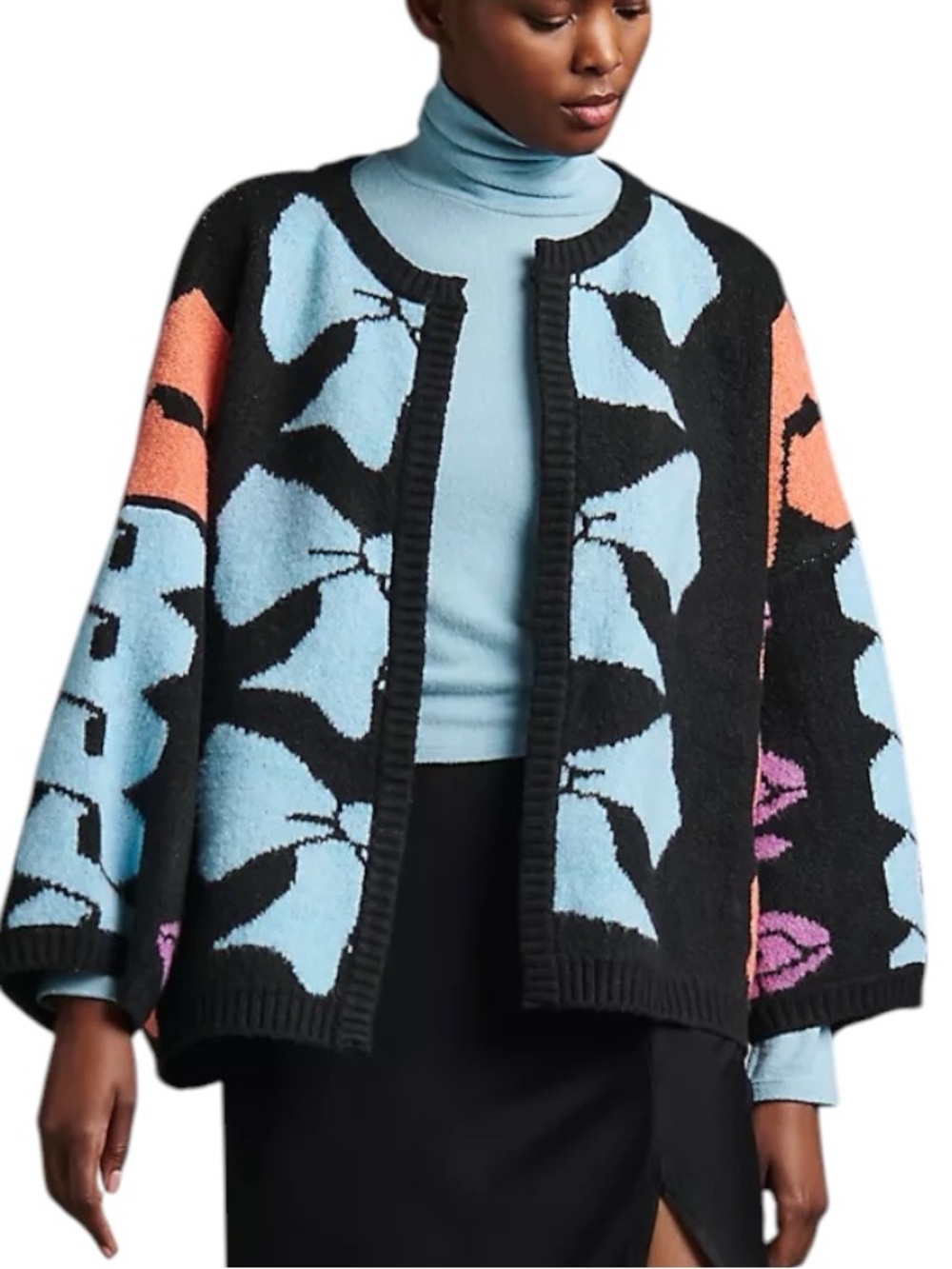 Bel Kazan Anthropologie Graphic Bow & Chain Kimono Black Open Front Cardigan
